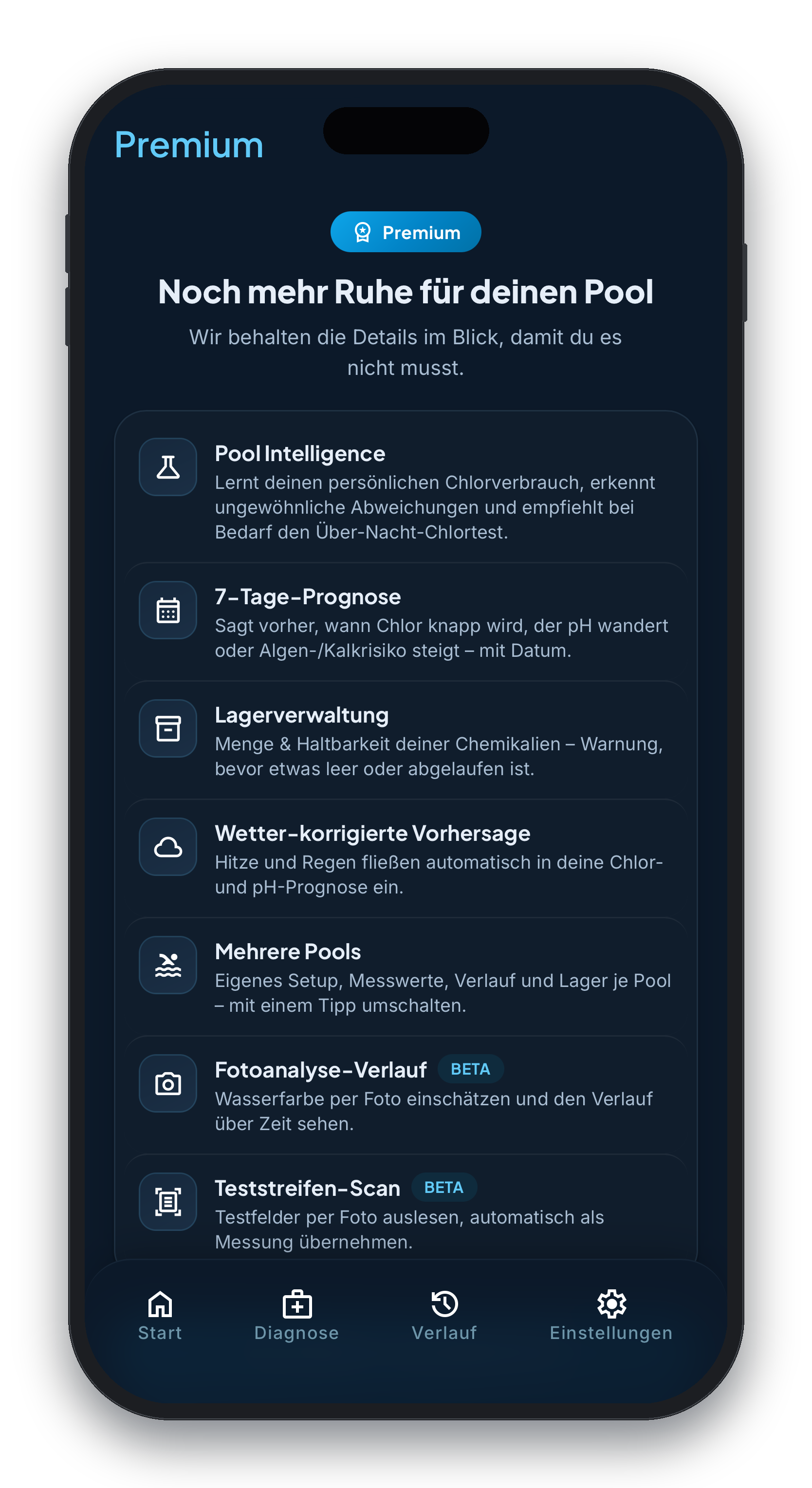 Premium-Bildschirm in der Pool Buddy App, aufrufbar unter Einstellungen