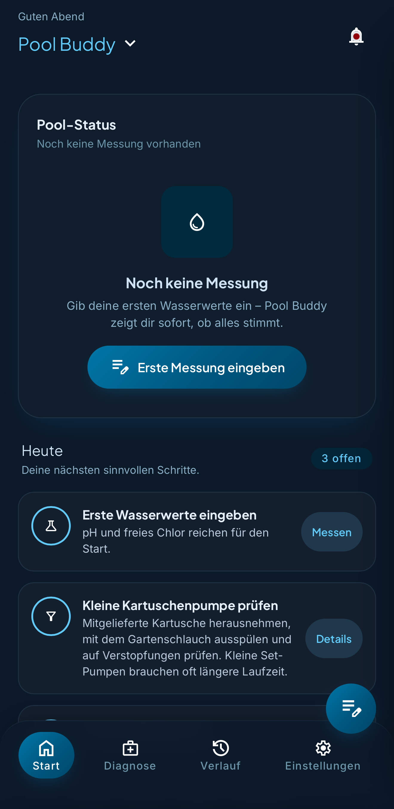 Pool Buddy – Startbildschirm